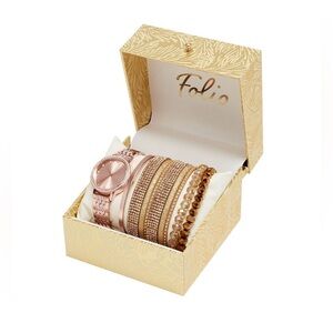 Folio Women's Rose Gold Tone Round Glitz Bracelet Watch and Bracelets Set